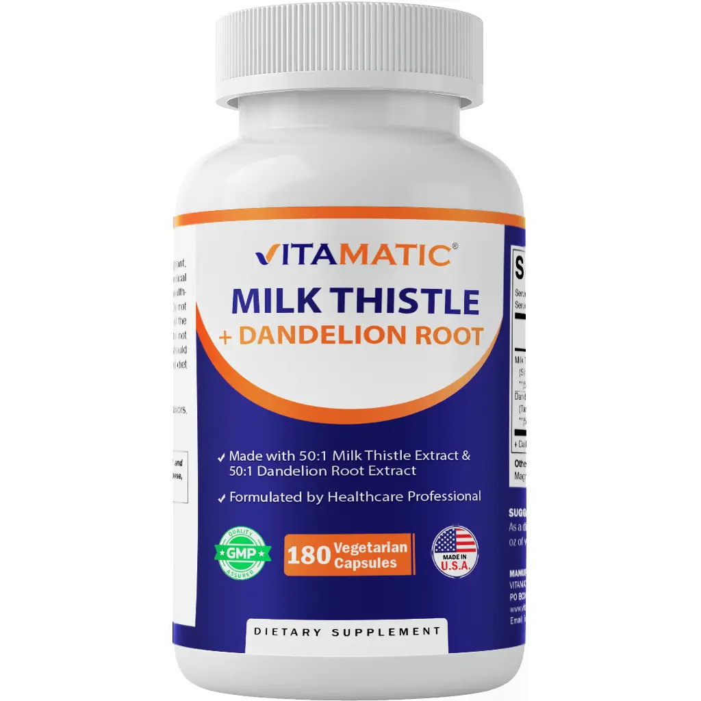 Vitamatic Advanced Liver Support Edible Dietary Supplement - 50:1 Milk Thistle Extract 500mg, 50:1 Dandelion Root Extract 100mg, 180 Vegetarian Capsules, Non-GMO, Gluten Free, Dairy Free, Detox & Comprehensive Nutrition Support