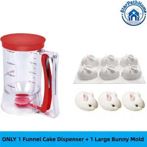 6 Cavity 3D Easter Bunny Flexible Silicone Mold & 4-Cup Funnel Cake Dispenser Set, Food-Grade Baking Tools for Chocolate, Mousse, Cake, Pancakes, Waffles, Muffins, Fondant and Holiday Desserts