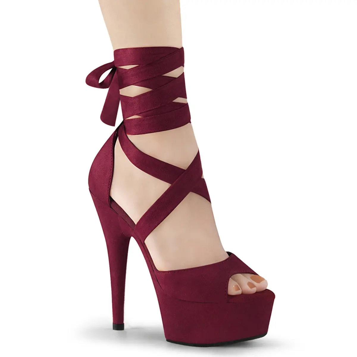 Women's Platform Sandal, Burgundy Suede Footwear with a 6" High Heel and Criss-Cross Ankle Wrap, DELIGHT-679, Classy Heels, High Heels