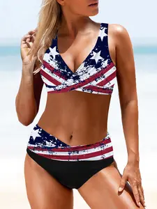 Chic Petal Distressed American Flag Wrap Bikini Set Patriotic Criss-Cross Swimsuit Perfect for 4th of July Beach Party Womenswear Clothes