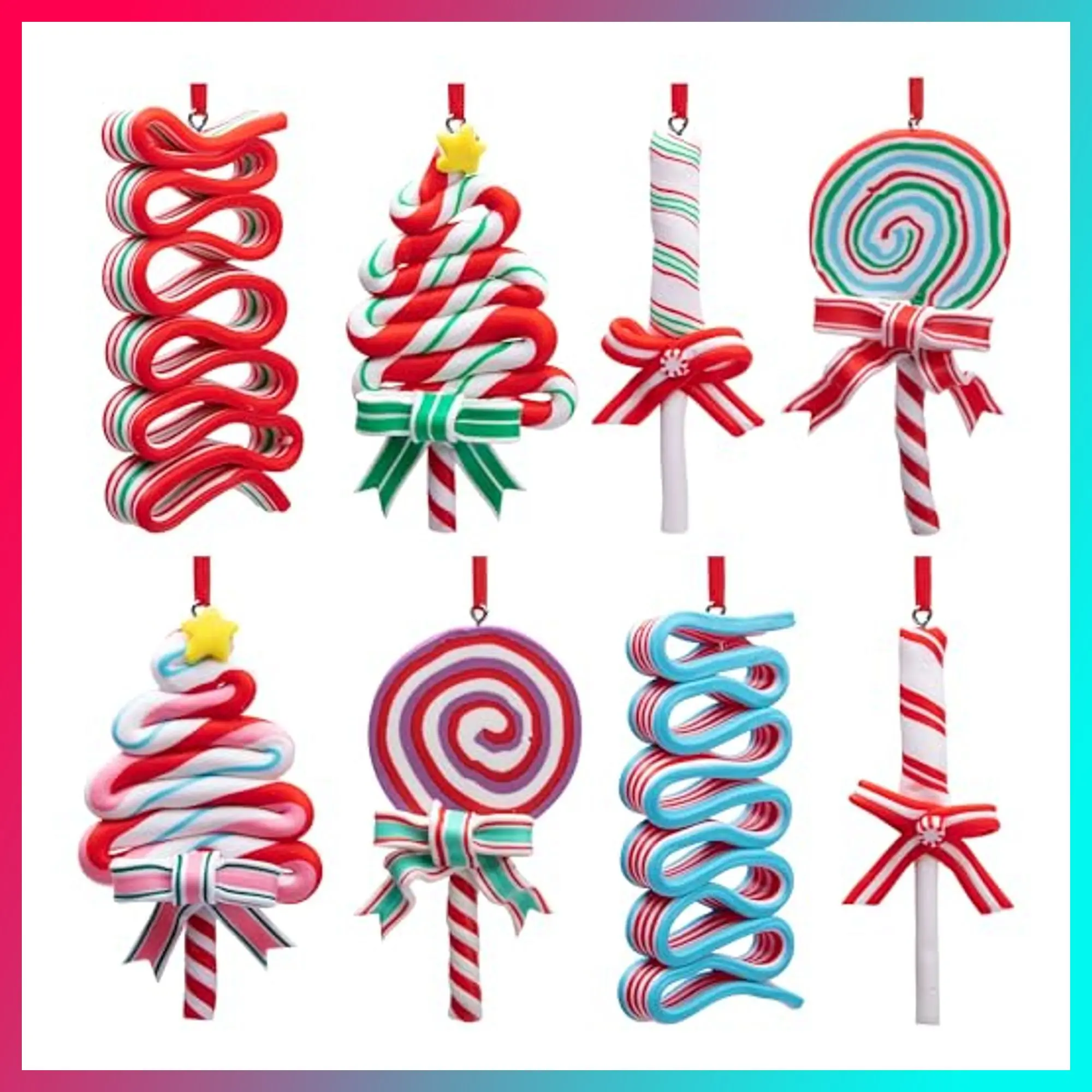 codree 8 PCS Christmas Lollipop Ornaments- Christmas Candies Polymer Clay Ornament- Xmas Decor Candy Cane Hanging Decorations for Xmas Tree Party Supplies