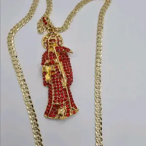 LA SANTA MUERTE/ THE GRIM REAPER  Cuban link necklace gold-plated red stones