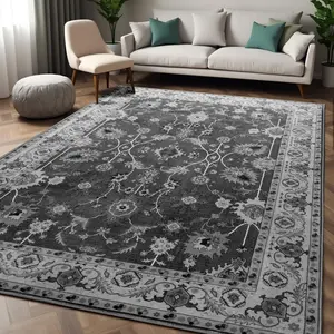 Black 0.3 In Low Pile & Non-Slip Indoor Floor Area Rug,Beige Washable Vintage Faux Wool Throw Bedroom Carpet For Home Office, Kids Room, Bedside, 4x6, 5x7, 6x9, 8x10, 9x12 Feet