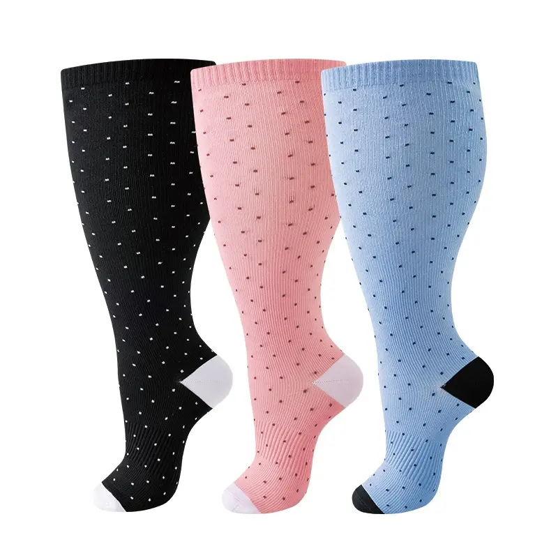 Women's Plus Size Calf High Compression Stockings (3 Pairs) - Wide Calves, Moisture-Wicking, Soft Nylon, Polka Dot, Foldable - For Nurses, 2XL/3XL/4XL - All-Season Active Routine Use
