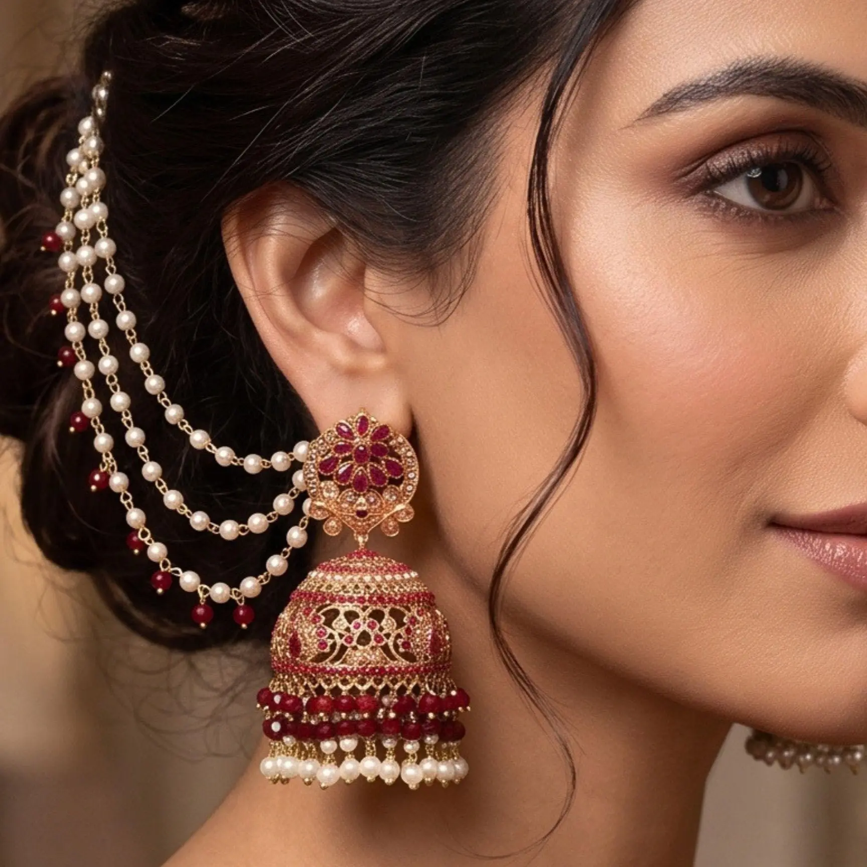 Nauratan Oversized Pearl Jhumkas  Gold Plated Indian & Pakistani Bridal Earrings