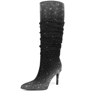 Womens Rhinestone Knee High Boots Sparkly Slouchy Tall Boots Pointed Toe High Heel Wide Calf Glitter Stiletto Boot for Women