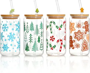 Ronasip Christmas Cups 17 oz Cute Xmas Cup with Lids and Straws 4 Pack Drinking Glasses for Iced Coffee Juice Party Decor Christmas Pattern Festive Holiday Design
