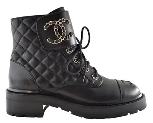 Chanel 21A Black Leather Quilted Gold CC Logo Chain Combat Lace Up Tie Ankle Short Boots