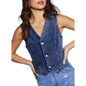 Sidefeel Women's Denim Vest Sleeveless V Neck Zimbaplatinum Jean Vest Top Button Down Crop Waistcoat Vest Summer Outfit
