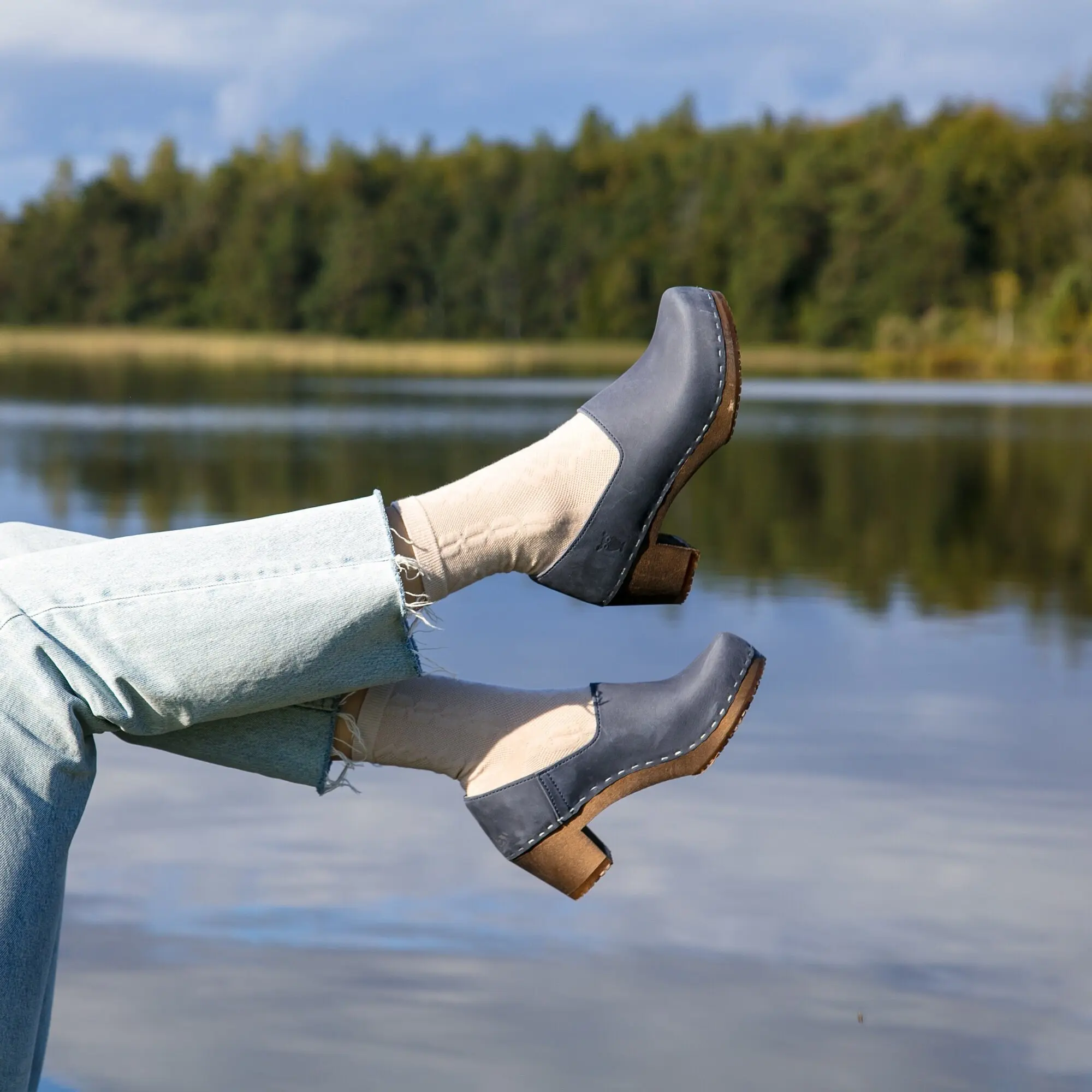 Swedish Wooden Clogs for Women / Bridget Closed Back / Women High Heel Shoes / Nubuck Leather Clogs / Navy