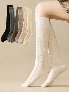 Women's Vintage Coffee Knit Fisherman Socks, Slimming Knee High Stockings for Fall & Winter, Warm Long Tube Socks for Dresses Womenswear, Cozy Socks, Soft Comfy Socks