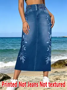 Women's Denim Print Long Skirt, High-Waisted Loose-Fit Casual Skirt, All-Over Print, Natural Waist, Spring & Summer Fashion, Womenswear, Bottom