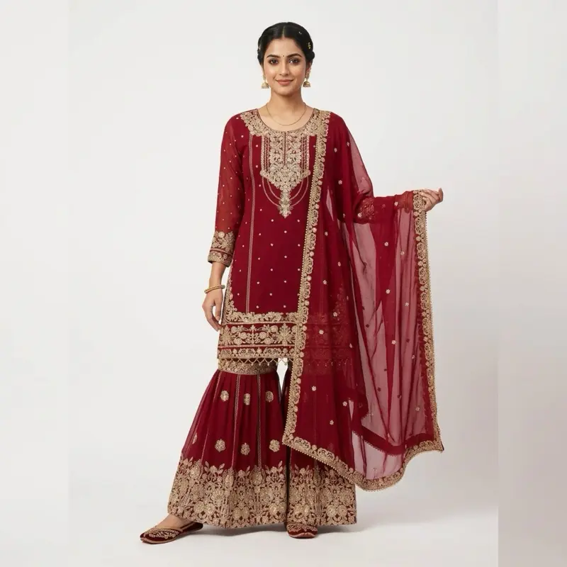 Women's Original Maroon Sharara Top - Intricate Embroidery, High-Quality Lady Clothes for Festive Occasions
