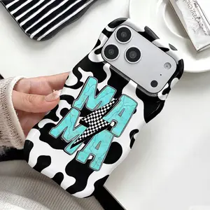 Western Mama Cow Print Phone Case ,Cute Wavy Curved Edge Glossy Protective Shockproof Rugged Cover, Dual Layer Soft TPU Bumper Hard Shell Design for iPhone 11 12 13 14 15 16 17 Pro Max Air, Turquoise Checkered Lightning Bolt