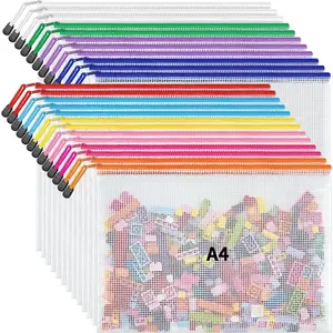 A4 Letter Size 24 Pack 10 Colors Zipper Mesh Document Pouch, Mesh Bags for Board Games & Puzzles, Waterproof Zipper Pouches for Office School Supplies, Toys, Cosmetics Travel Storage