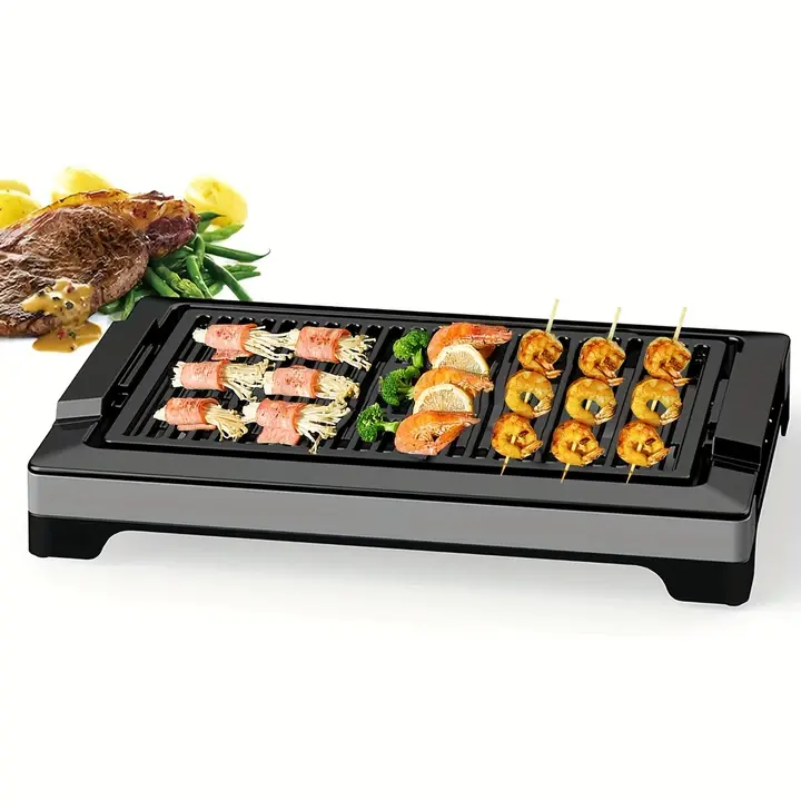 Electric Smokeless Indoor Barbecue Grill & Griddle - Gasless Portable, Anti-Adhesive Non-Stick Surface, Fast Heat-Up, 5-Level Adjustable Temperature, Dishwasher-Safe Removable Drip Pan, Tabletop Size, Smokeless Cook, Father's Day Gift