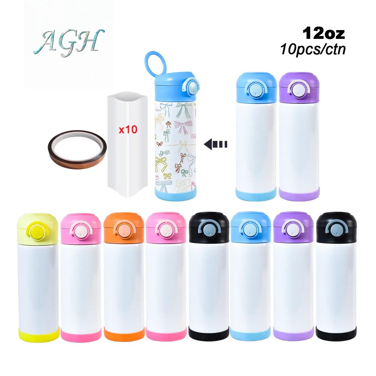 10pcs 12 OZ Stainless steel Sublimation Water Bottler Tumbler with Flip Lids and Rubber Bottom, Shrink Wrap