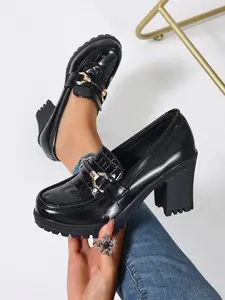 Crocodile Texture Glossy Patchwork Metal Buckle Chunky Heel Loafers, Round Toe Slip-On Shoes, Waterproof, All Seasons