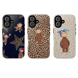 GFL-Curious Georgeee Leopard Print Phone Case,Cute Cartoon Monkey Phone Case,Cute Monkey Cartoon on Navy & Neutral Leopard Background Protective Cover For iPhone 11 12 13 14 15 16 17 Air Pro Max for Samsung S26 S25 S24 S23 S22 S21 Case,Gift for her/him