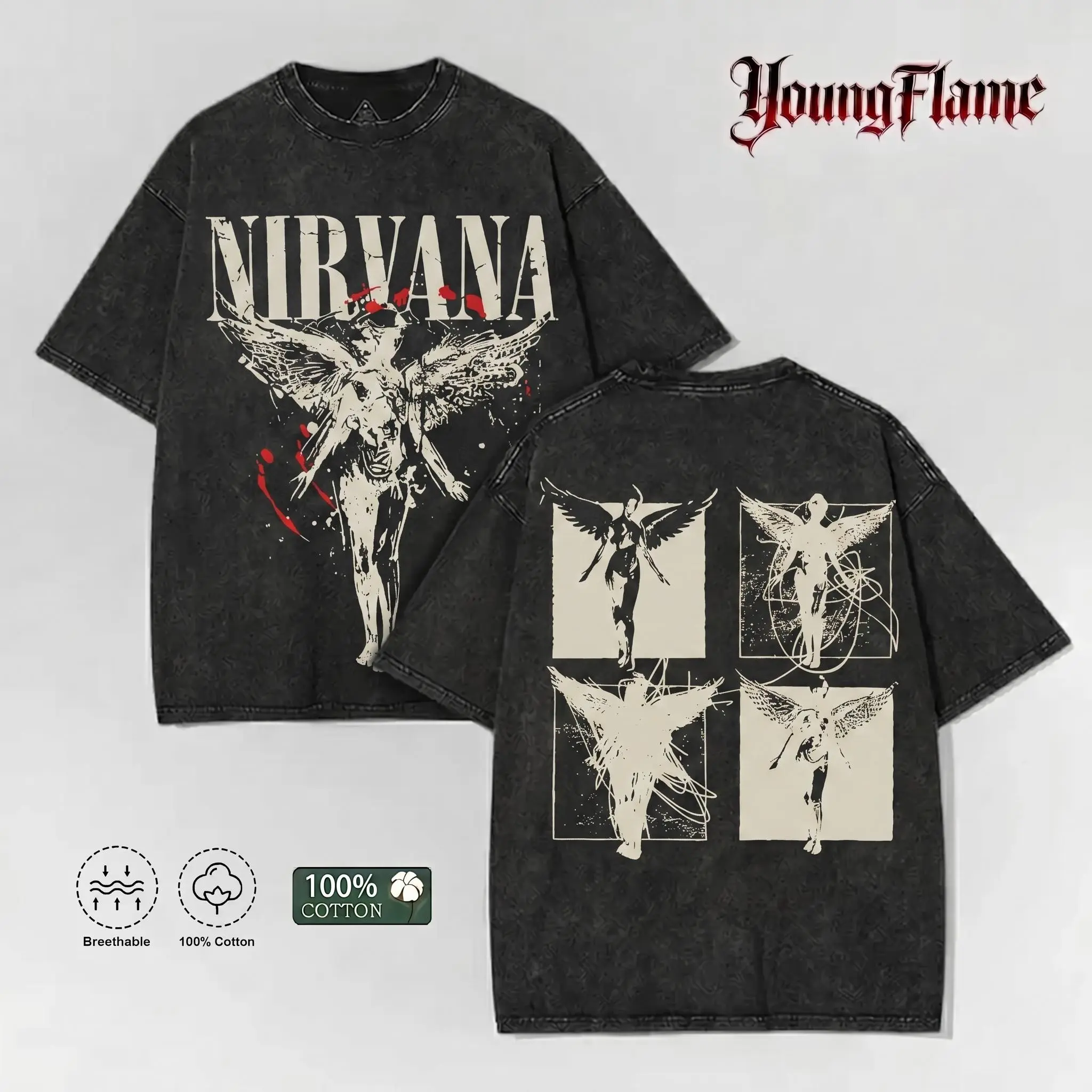 Men's 100% Cotton Baggy Vintage Acid Wash Fallen Angel Graphic T-Shirt - 90s Grunge Rock Oversized Short-Sleeve Menswear Tee, Retro Casual Dark Streetwear Outfits Top