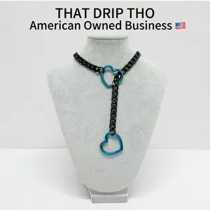 ThatDripTho Heart Slip Chain Collar Blue, Blue Heart O-Ring Necklace Adjustable Thick Chain for Men, Women, Couples, Gf, Bf, Goth Girl Chain Collor Choker Necklace, Alternative Collar Necklace with Pull Chain for Daily Wear, Christmas Gift