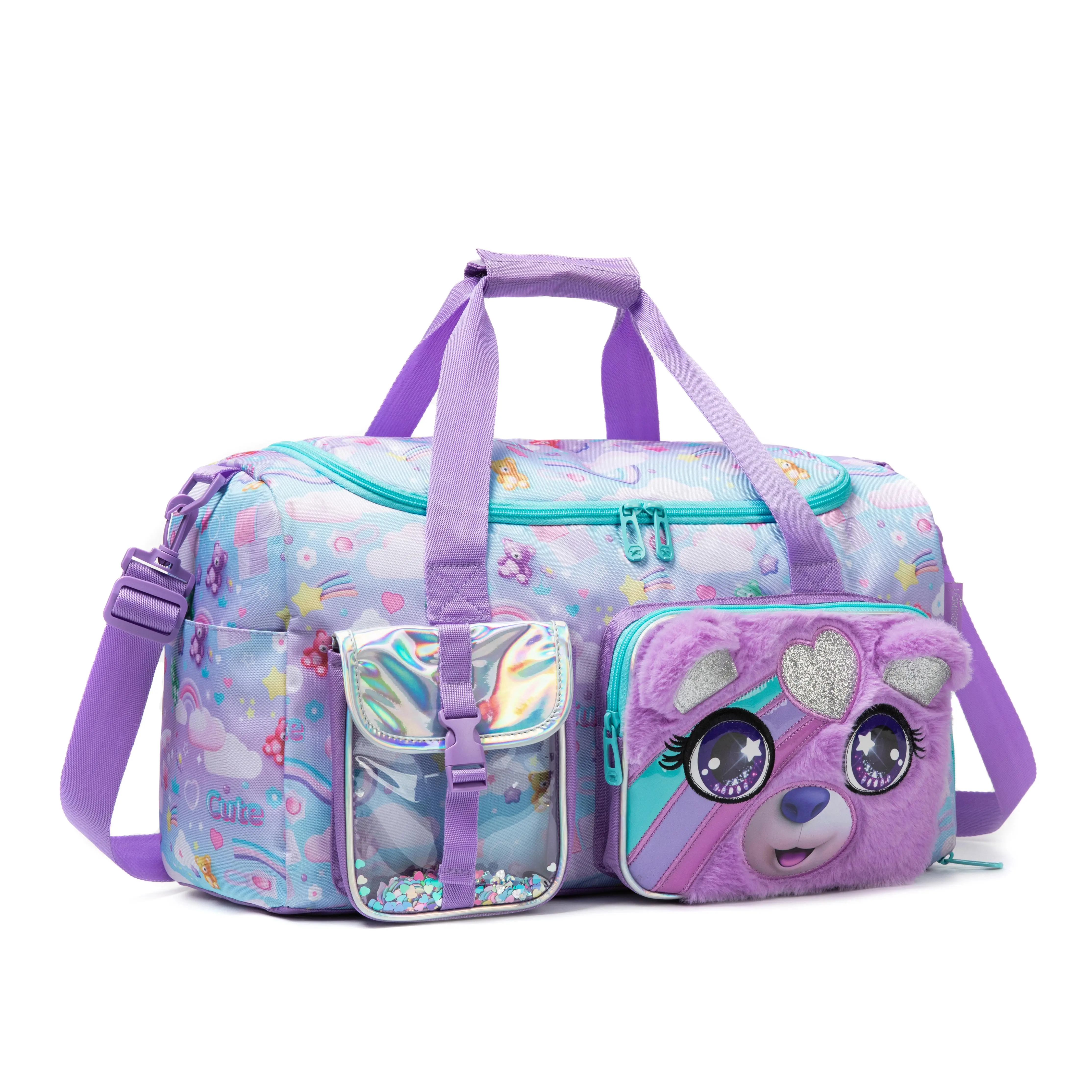 Plush Fluffy Purple Bear Kids Duffle Bag, Pastel Rainbow Cloud Allover Print Girls Overnight Bag with Iridescent Sequin Pouch, Adjustable Purple Strap for Sleepover, Gym, Camping & Weekend Trips durable duffel