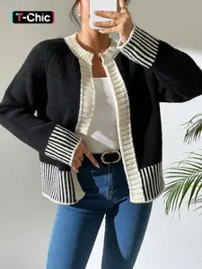 Women's Striped Print Contrast Binding Raglan Sleeve Fitted Cardigan, Casual Long Sleeve Open Front Knitwear for Fall & Winter, Fashion Women's Knit Clothing for Daily Wear