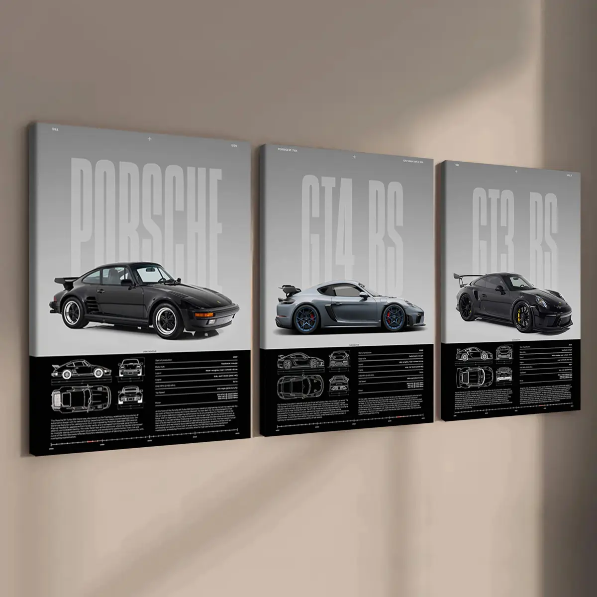 3 Counts Wooden Framed Canvas, Porsche Classic & Performance Models Vintage Car Print Poster, Classic Prints, Perfect Living Room Decoration, Modern Art, Wall Art Decoration, Home Wall Art, Ideal Gift, Waterproof, Artwork
