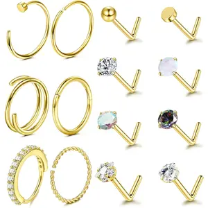 LOLIAS Hypoallergenic 14K Gold Filled Nose Rings Studs 20G 316L Surgical Steel Nose Ring Gold L Shaped Nose Studs Hoop Nose Rings Set for Women Men Simulated Diamond Nose Piercing Jewelry(14Pcs)