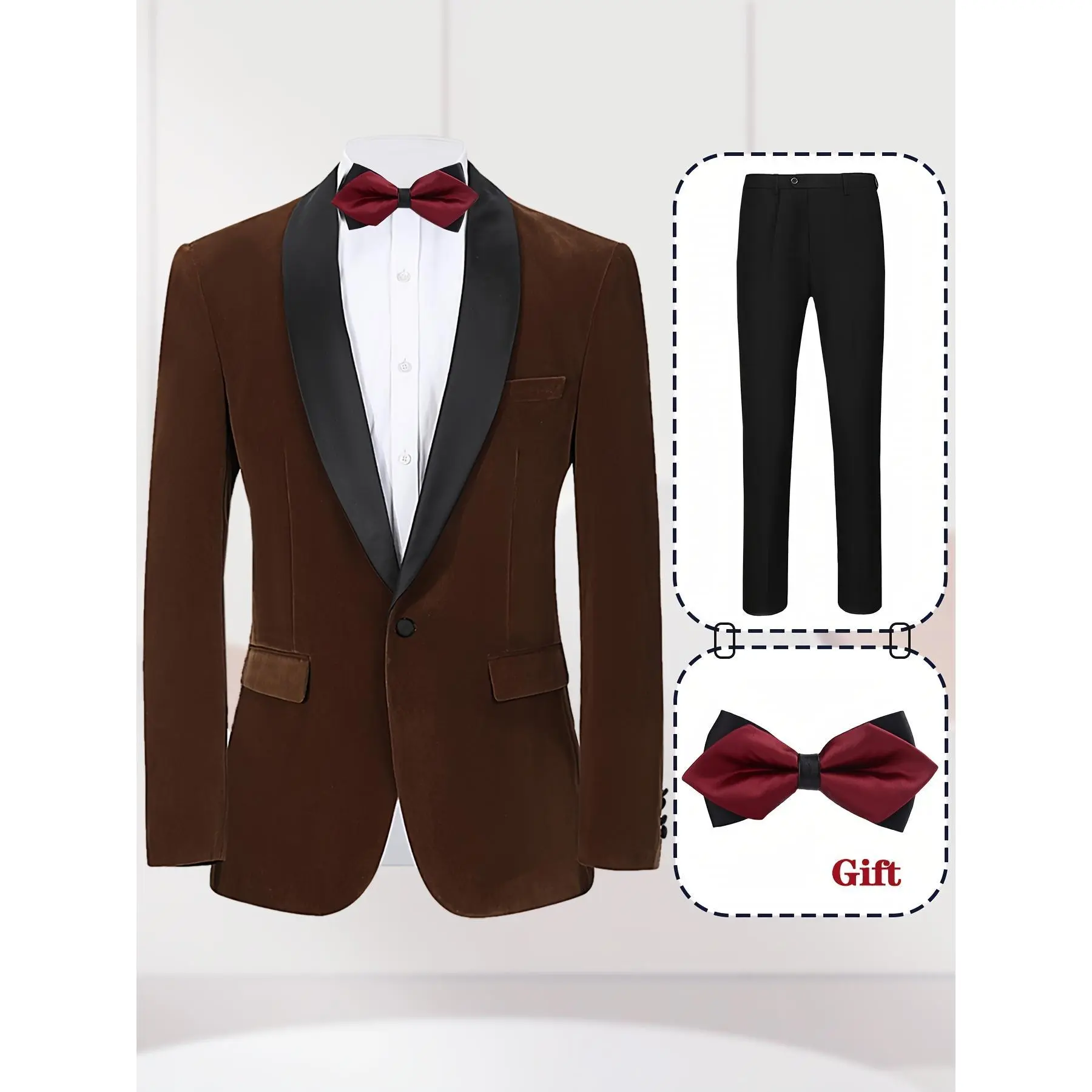 Men's Fitted 2-Piece High-Density Thick Velvet Suit Set - V-Neck Business Button-Up, Matching Breathable Pants, 5 Fashion Shades, Free Elegant Red Tie, Aesthetic for Wedding & Fancy Occasions, Soft
