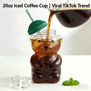 20oz Cute Bear Glass Coffee Mug with Lid & Straw, Aesthetic Mood Boost Iced Coffee Cup, Viral Clear Drinkware for Juice, Smoothie & Milk, Leak-Proof Summer Gift for Women