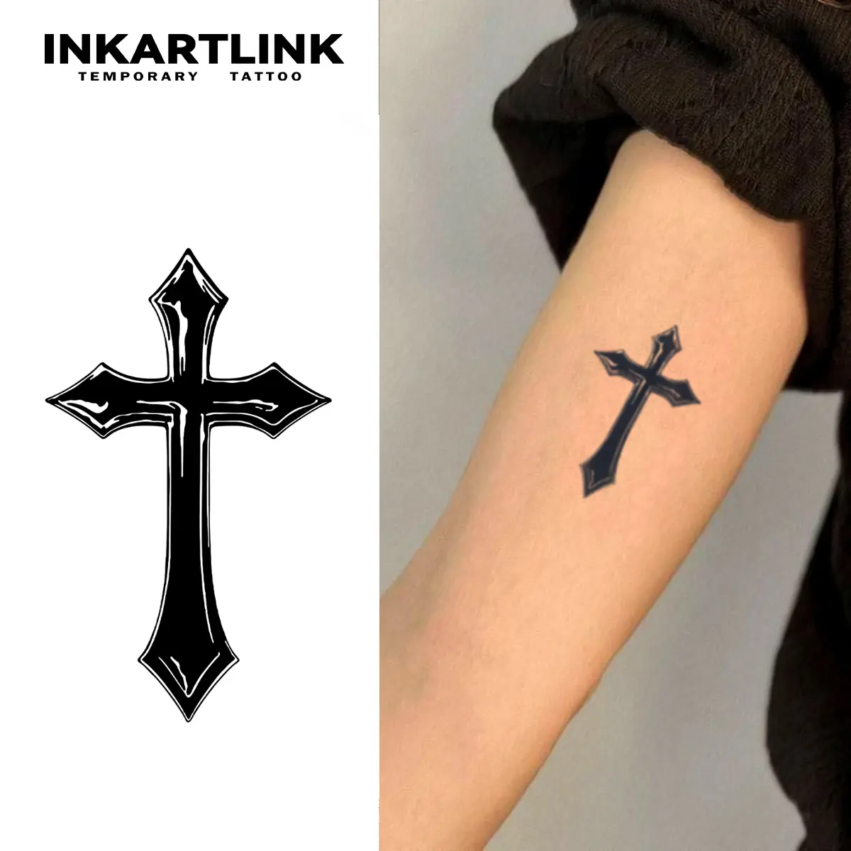 INKARTLINK 2-Sheet Gothic Cross Temporary Tattoos, Dark Punk Style Black Fake Tattoo Stickers, Waterproof Body Art for Men, Fake Tattoos