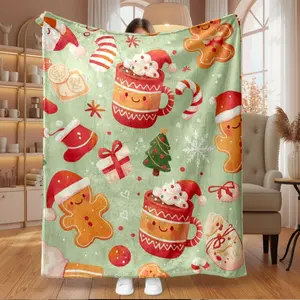 1pc Christmas Gingerbread Man Hot Chocolate Flannel Fleece Throw Blanket, Super Soft Warm Plush Cozy Holiday Present for Adults Men Women