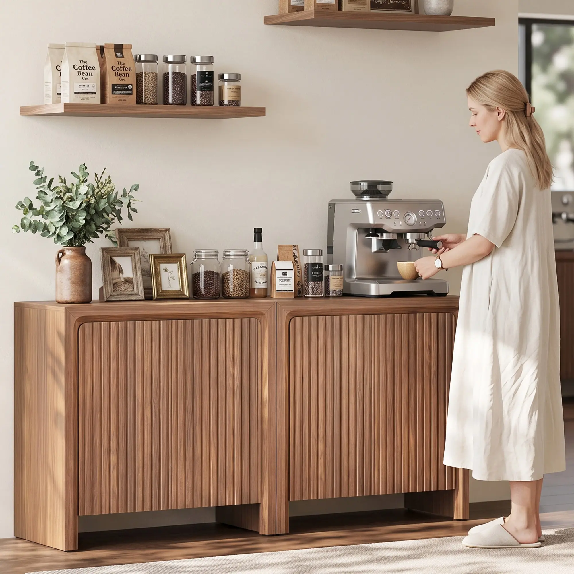 Vividwood Fluted Sideboard Buffet Cabinet - Mid-Century Modern Walnut Storage Cabinet with Doors, Coffee Bar Station for Kitchen, Living Room, Room Decor, Apartment Furniture (1 Unit),familyfun