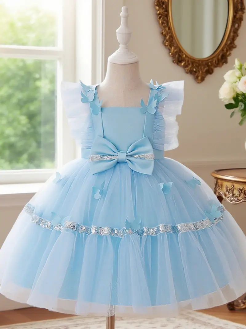 blue tutu dress for girl Beaded Butterfly Light Blue Ruffle Tulle Horsehair Flower Girl Dress