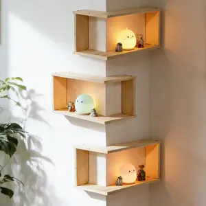 1pc Corner Floating Shelf, Wall Mounted L-Shaped Corner Shelf, Natural Plywood, Home Decor for Bedroom, Living Room, Bathroom, Kitchen