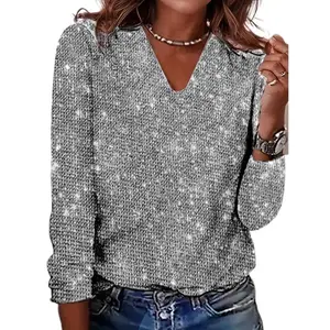 Elegant V-Neck Long Sleeve T-Shirt for Women, 100% Polyester Knit Fabric, Solid Color with Sequin Detail, Slim Fit, Regular Length - All Seasons
