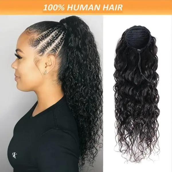 Water Wave Ponytail Extension, Clip-In Brazilian Remy Human Hairpiece with Drawstring, Natural Black for Women, 10-28 Inches, Ponytails, Clip Hair Extensions