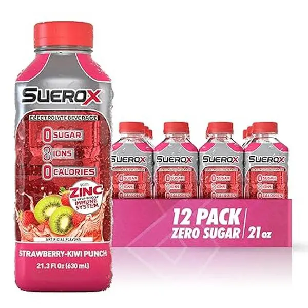 SueroX Zero Sugar, Strawberry Kiwi Punch, 12 Pack, Electrolyte Drink for Hydration and Recovery, Unique Blend of Electrolytes & 8 Ions, Zero Calorie, Refreshing Beverage, Sports Drink, 21.3 Fl Oz,  - 12-pack Strawberry Kiwi