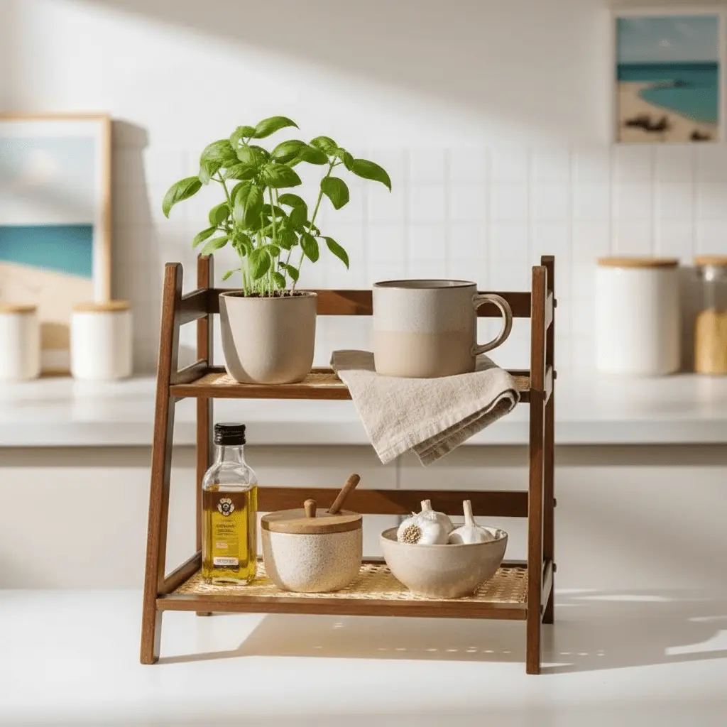 Rattan Style Storage Rack Organizer – Multi-Tier Bamboo Shelf for Kitchen Counter, Bathroom, Bedroom or Desk
