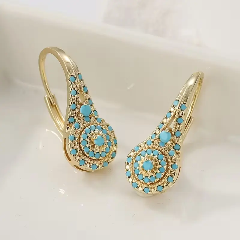 Women's KC Golden Plated Synthetic Turquoise Teardrop Dangle Earrings - Teardrop Design Turquoise Jewelry, Intricate Detailing, Sophisticated Style Statement Jewelry for Everyday & Formal Events, Valentine's Gift, Instant Elegance, Valentine Gift, Daily,