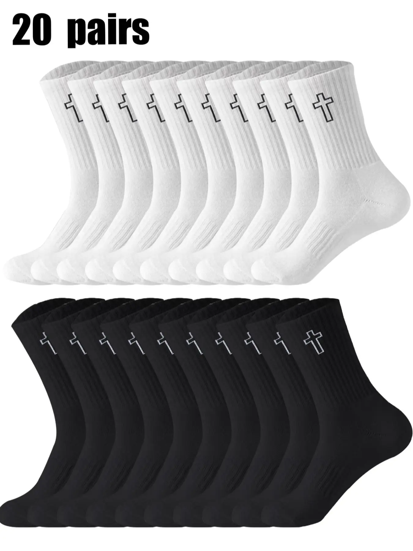 Valentine's Day gift: 20 pairs of mid-calf athletic socks, Active Socks, with a cross pattern, dark trend style, All season socks, breathable and sweat-absorbent, suitable for men and women for daily wear, street outings, running