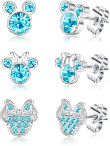 3 Pairs Stainless Steel Mouse Earrings for Women, Birthstone Crystal Cubic Zirconia Cute Earrings Set, Birthday Gift