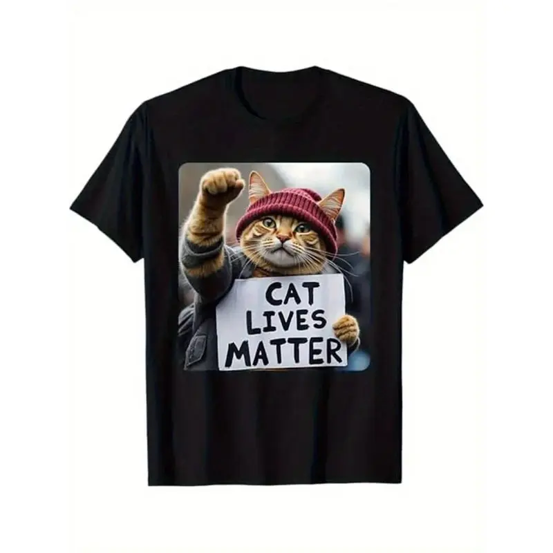 Summer t Shirts Funny Cat Graphic Cotton T-Shirt for Men - Breathable, Stretchy Crew Neck Tee with Geometric Design, Perfect for All Seasons Casual Tshirt Operator