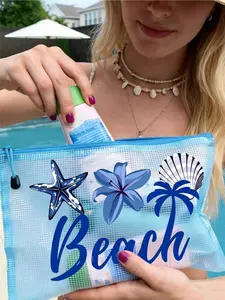 Waterproof Beach Bag with "Beach Please" Print Large capacity clear tote with nylon zipper, decorated with palm trees, seagulls and waves. Lightweight durable pouch for beach, swimming and summer vacation. Great gift for parties, weddings and festivals.