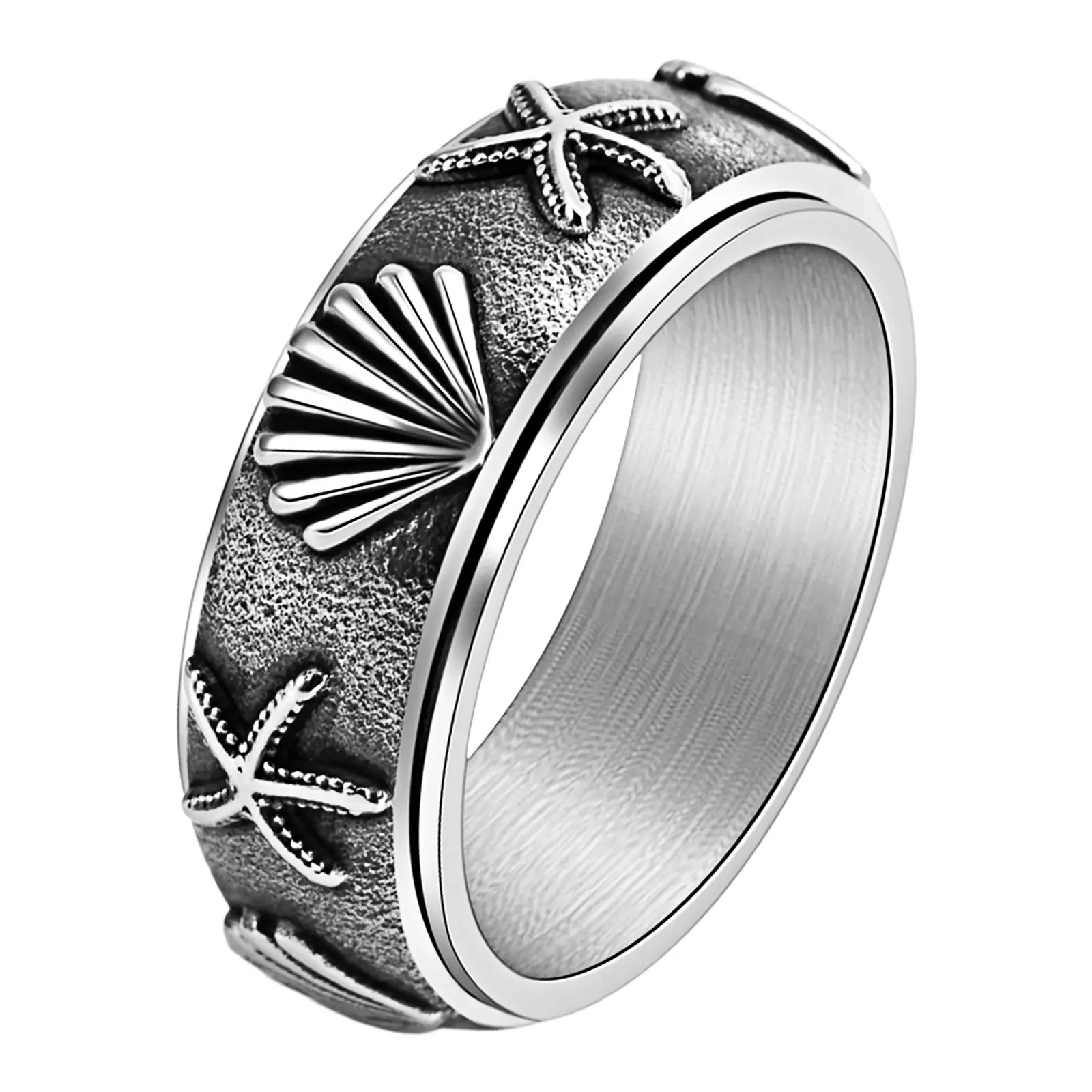 OIDEA Unisex Ocean Theme Starfish Motif Fidget Rings - Hypoallergenic Stainless Steel Anxiety Spinner Bands, Vintage Rings, Hypoallergenic Jewelry, Sizes 6-13, Birthday Gift Idea summerwins,summerwins