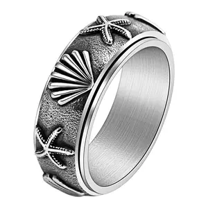 OIDEA Unisex Ocean Theme Starfish Motif Fidget Rings - Hypoallergenic Stainless Steel Anxiety Spinner Bands, Vintage Rings, Hypoallergenic Jewelry, Sizes 6-13, Birthday Gift Idea summerwins,summerwins