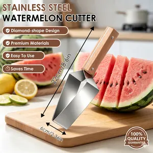 1 Pcs Watermelon Slicer Triangle Melon Cutter with Wooden Handle, Stainless Steel Heavy Duty Fruit Slicer Tool for Cantaloupe & Honeydew, Summer Kitchen Gadgets