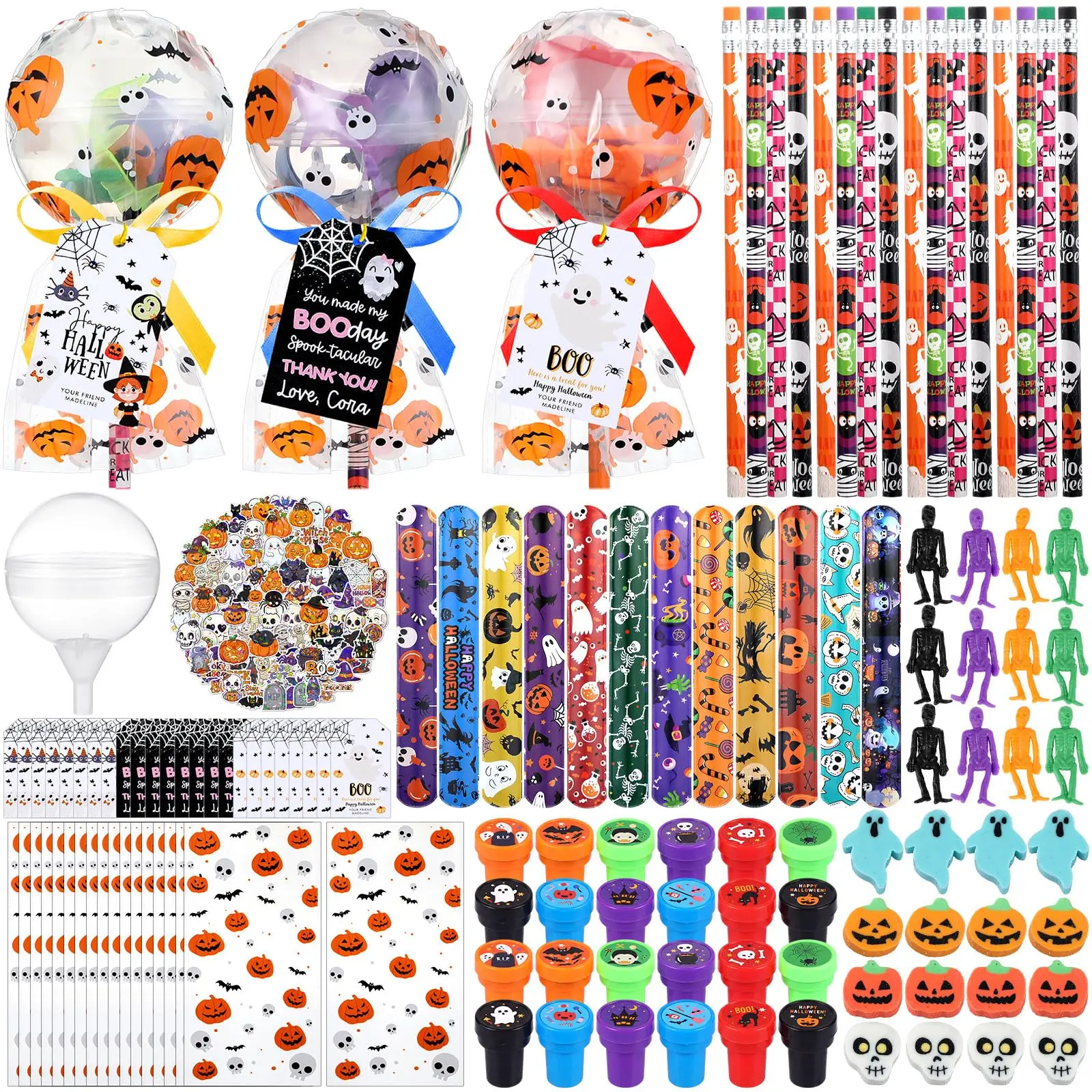 24-Piece Chemical-Free Halloween Capsule Party Favors Gift Set - Wood/Rubber/Plastic Slap Bracelets, Erasers, Fake Teeth Baubles, Pencils, Small Skull Baubles, 50 Stickers for Themed Exchange, Party Prizes