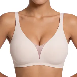 VRCOMFY Jelly Wireless T-shirt Bra - Women Wireless V Neck Crossover Mesh Bras Comfortable Bralette Supportive Tshirt Bra No Underwire Seamless Push Up Everyday Bras